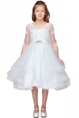 White 3/4 Sleeve Lace Dress with Ruffle Skirt
