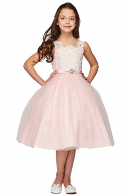 Pink Elegant Pearl Beaded Lace Top with Detachable Flowers and Long Tulle