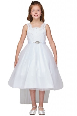 White Elegant Pearl Beaded Lace Top with Detachable Flowers and Long Tulle