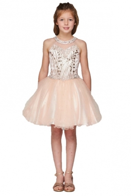 Blush Halter Neck Rhinestone Tulle Party Dress