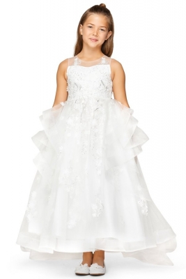 Off White Elegant Lace Applique High Low Dress with Removable Train