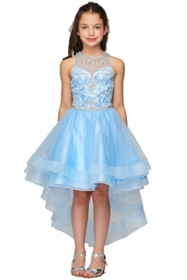 Blue Beaded Halter Neck Dress with High Low Skirt