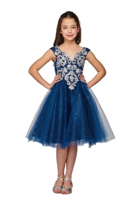 Elegant Navy Dress with Handcrafted Silver Lace and Sparkling Tulle