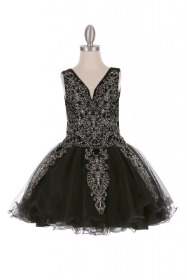 Elegant Black Tulle Dress with Gold Coil Lace and Rhinestones