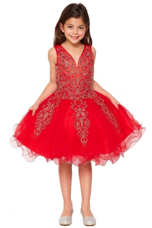 CC_5110RD - Elegant Red Tulle Dress with Gold Coil Lace and Rhinestones -  Short Party Dresses - Flower Girl Dresses - Flower Girl Dress For Less