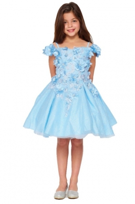 Blue Glitter Tulle Dress with 3D Flowers
