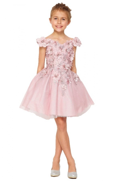 Dusty Rose Glitter Tulle Dress with 3D Flowers