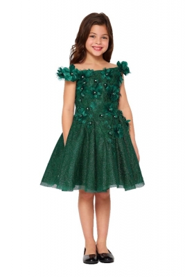 Hunter Green Glitter Tulle Dress with 3D Flowers