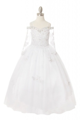White Juliet Sleeved Beaded Off Shoulder Gown