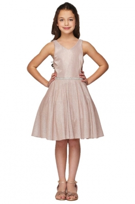Rose Gold Metallic Dress with Rhinestone Belt and Pockets