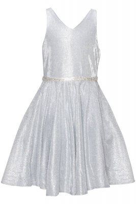 Silver Metallic Dress with Rhinestone Belt and Pockets