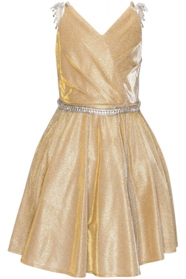 Gold Metallic V Neck Dress with Rhinestone Waist