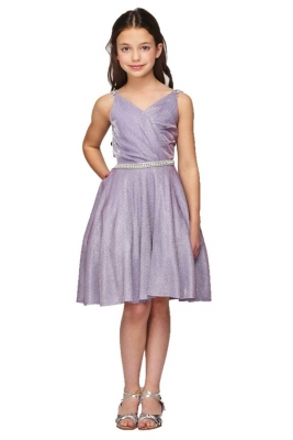 Lilac Metallic V Neck Dress with Rhinestone Waist