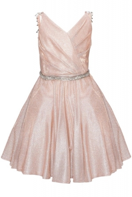 Rose Gold Metallic V Neck Dress with Rhinestone Waist