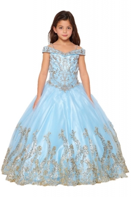 Blue Off Shoulder Dress with Hand Beaded Rhinestones and Glitter Skirt