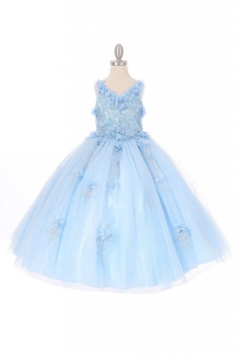 Blue Elegant V-Neck Floral and Glitter Tulle Dress