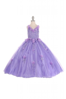Lilac Elegant V-Neck Floral and Glitter Tulle Dress