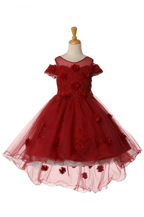 CC_9119BUR - Burgundy Off Shoulder High Low Dress with Lace