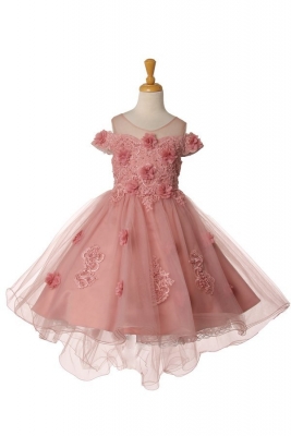 Dusty Rose Off Shoulder High Low Dress with Lace Sequin and Pearls