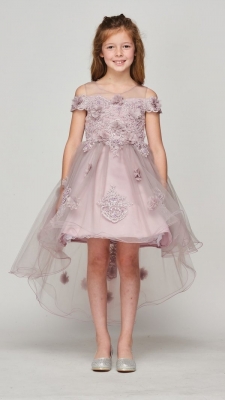 Mauve Off Shoulder High Low Dress with Lace Sequin and Pearls
