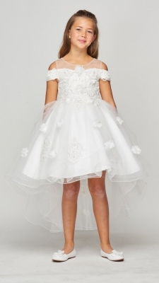 White Off Shoulder High Low Dress with Lace Sequin and Pearls