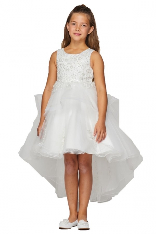 CC_9120WH - White Beaded High Low Dress with Hand Crafted Lace Applique - New Items - Flower Girl Dresses - Flower Girl Dress For Less CC_9120WH - White Beaded High Low Dress with Hand Crafted Lace Applique - New Items - Flower Girl Dresses - Flower Girl Dress For Less