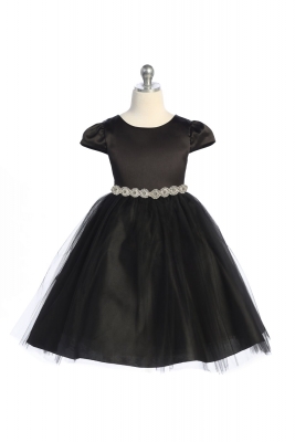 Black Cap Sleeved Satin Dress with Tulle and Embellished Waist