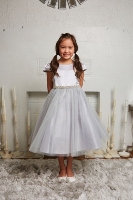 Silver Cap Sleeved Satin Dress with Tulle and Embellished Waist