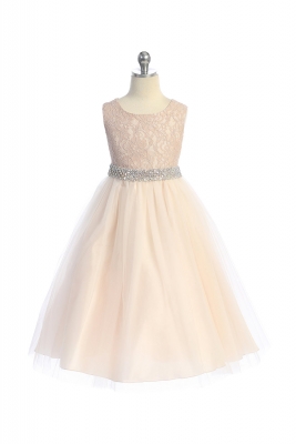 Blush Pink Long Lace Illusion Dress with Rhinestone Trim Waist
