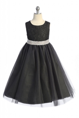 Black Long Lace Illusion Dress with Rhinestone Trim Waist