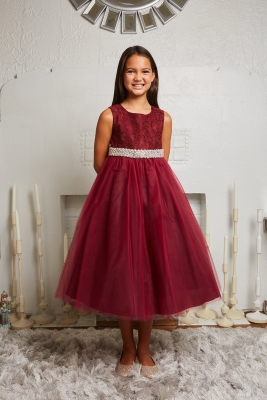 Burgundy Long Lace Illusion Dress with Rhinestone Trim Waist