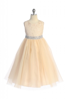Champagne Long Lace Illusion Dress with Rhinestone Trim Waist