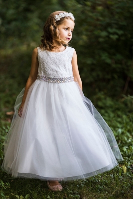 Off White Long Lace Illusion Dress with Rhinestone Trim Waist