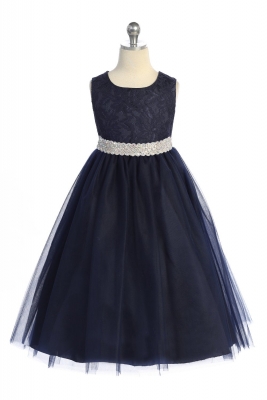 Navy Long Lace Illusion Dress with Rhinestone Trim Waist