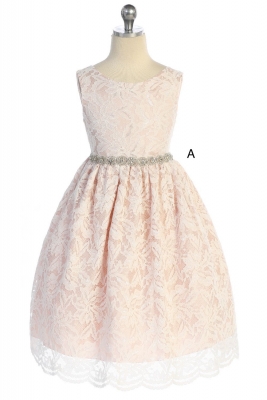 SALE Ivory Blush Lace V-Back Dress with Rhinestone Sash