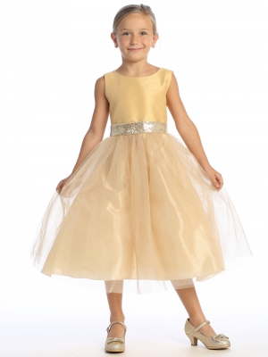 Gold Dress with Shantung Bodice and Tulle Skirt with Sequin Details