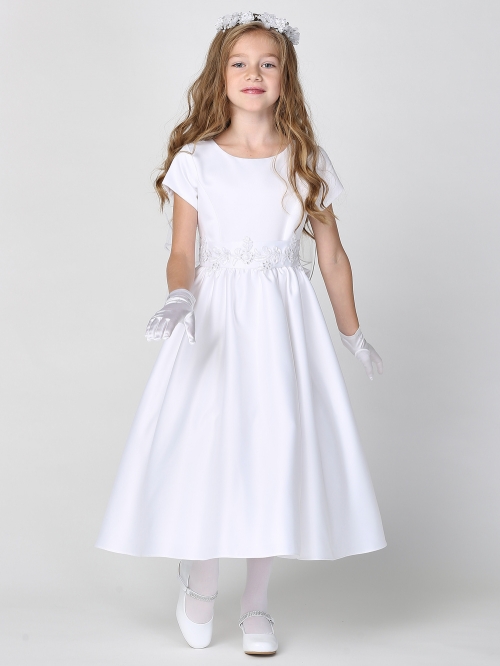 L SP185 Satin Short Sleeved Dress with Corded Trim on Waist All First Communion Dresses Flower Girl Dresses Flower Girl Dress For Less