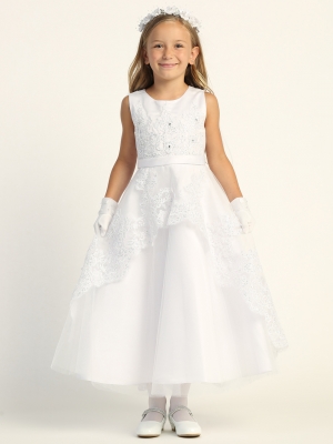 Embroidered Tulle Dress with Sequins and Satin Waist Trim - SP721