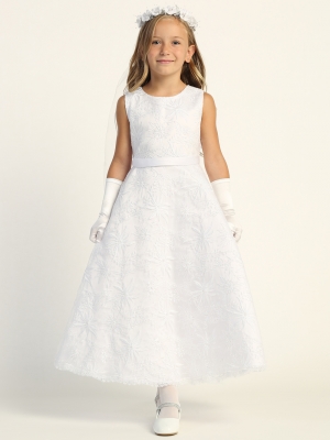 Embroidered Tulle Dress with Sequins and Satin Waist Trim - SP722