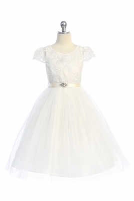 Ivory Cap Sleeve Dress with Floral Applique