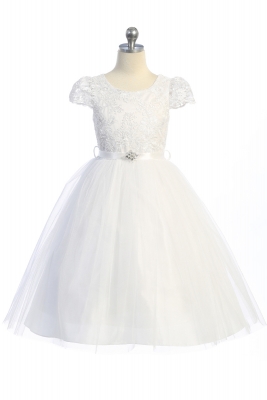 White Cap Sleeve Dress with Floral Applique