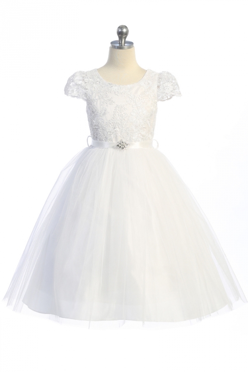 White Cap Sleeve Dress with Floral Applique