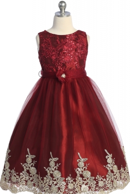 Burgundy Sequin and Embroidered Dress with Flower Waist