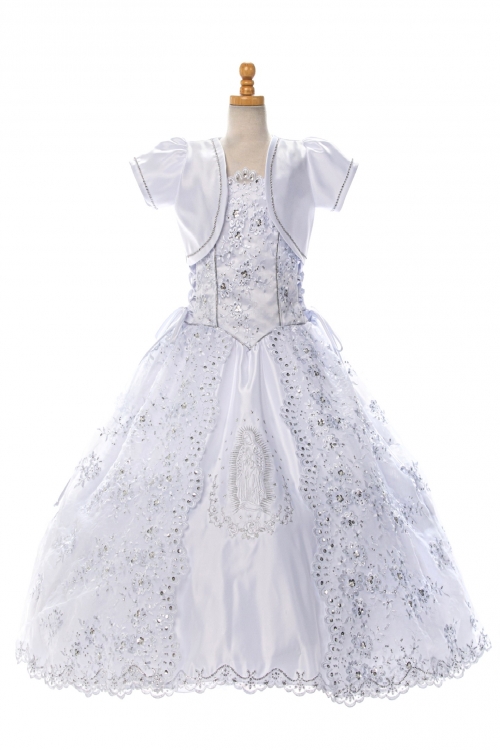 RK 2031 Floral Lace Communion Dress with Virgin Mary Embroidery and Matching Bolero Virgin Mary Communion Dresses Flower Girl Dresses Flower Girl Dress For Less