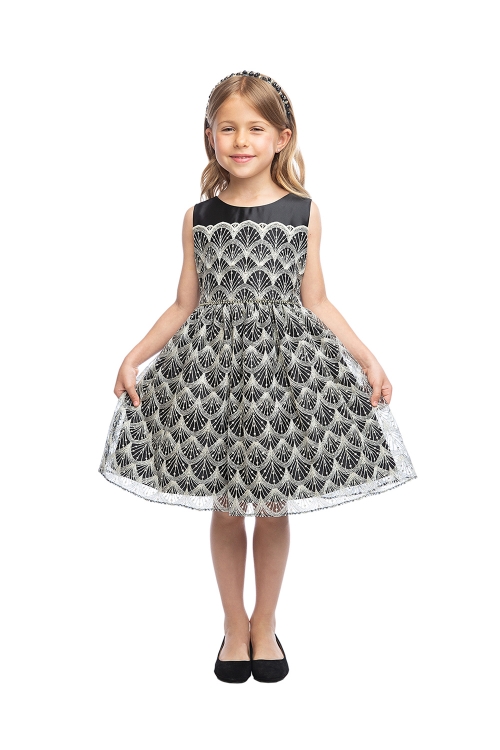 Black Sleeveless Fan Embroidered Sleeveless Dress
