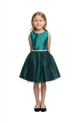 Hunter Green Sleeveless Confetti Mesh with Satin Dress
