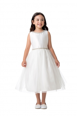 Off White Sleeveless Jeweled Trim Satin and Crystal Tulle Dress
