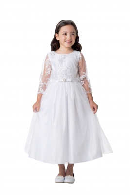 SALE White Lace Sleeve Tulle Dress with Pearl Brooch