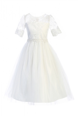 Off White Sequin Lace and Tulle Dress with Floral Waist Trim