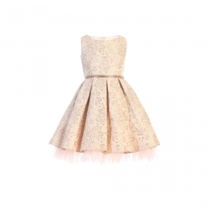 Blush Metallic Floral Pleated Jacquard Dress